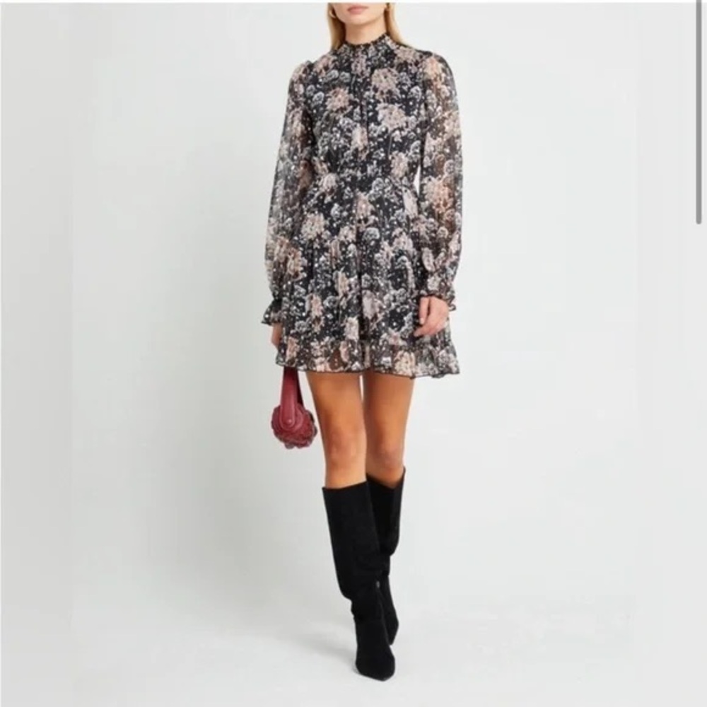 O.P.T. Floral Print Mini Dress with Silver Metallic Polkadots